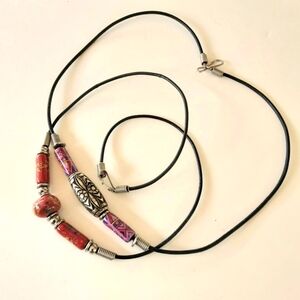 Pair Choker Necklaces, Colorful Beads, Silver Tone Accents, leather cords, 18"